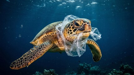 Obraz premium Sea turtle plastic, ocean pollution problem, marine life danger, turtle tangled plastic, plastic waste ocean, sea creature trapped, environmental pollution issue, plastic debris sea, marine