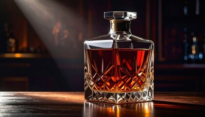 Elegant Crystal Decanter Filled With Rich Amber Whiskey Illuminated by Soft Light