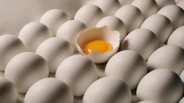 Rows of smooth white eggs fill the frame in neat repetition, interrupted by a single cracked shell revealing a bright golden yolk, contrasting matte curves with glossy, liquid center.