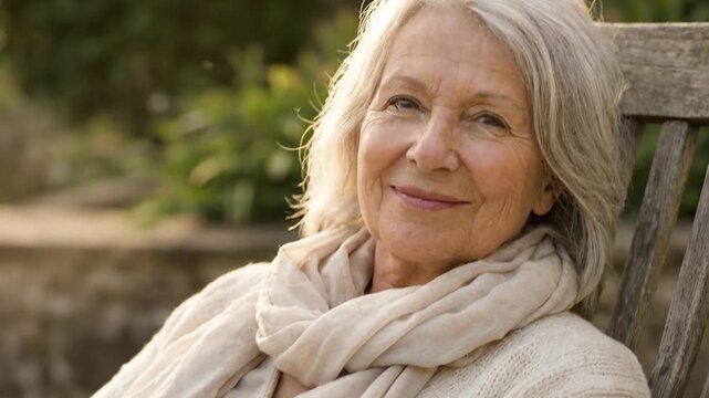 Relaxed Senior Woman Sit and Smile in Sunny, Outdoor Setting with Charming Natural Light