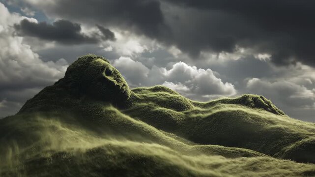 Green moss hill shaped like a woman lying down under a dark cloudy sky. Concept of nature goddess and environmental protection. Earth Mother sleep.