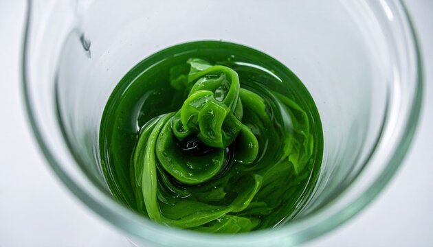Vibrant green cultivated algae paste swirling within a transparent laboratory beaker, revealing its rich texture.