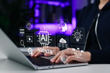 Fototapeta premium Artificial intelligence automation concept showing AI agents interface on laptop with neural network icons, chatbot system, and data processing tools used by developer to build smart digital solutions