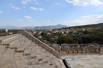 Aerial view of the archaeological ruins of Metropolis Ancient City in Turkey, showcasing historic stone structures and the remains of a classical ancient settlement.