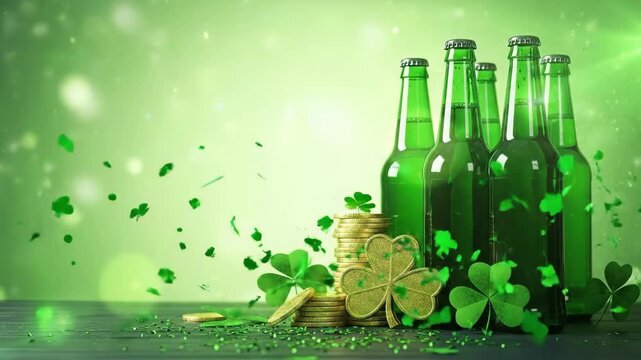 Green beer bottles with gold coins, sparkling confetti, and lucky shamrocks for St. Patricks Day celebration or Irish pub promotional material