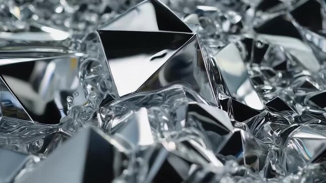 Polished geometric shards cluster in a tight macro frame, mirrorlike chrome faces bouncing soft highlights and cool tones, forming a crisp, faceted abstract that shimmers with shifting light.