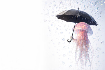 Jellyfish with an umbrella underwater among bubbles. Space for text.