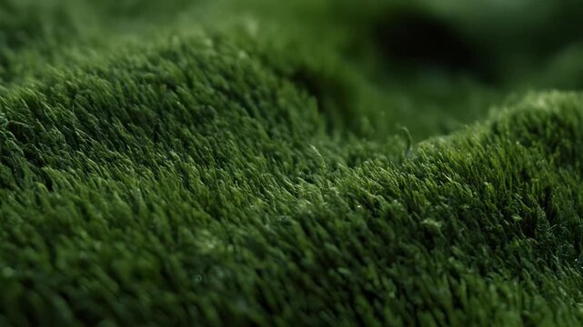 Lush green moss forms soft rolling mounds in extreme closeup, with shallow focus revealing fine filaments and dewy highlights. It evokes a tiny landscape in gentle light.