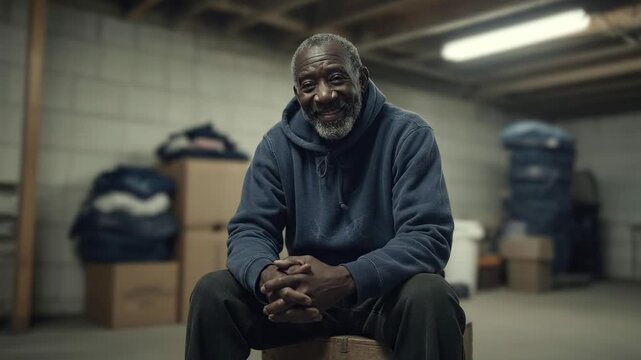 Senior African American man sitting, volunteering at donation center. Mature adult contemplates, hands clasped. Charity work, humanitarian aid, social responsibility. Local community support.