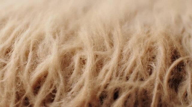 Macro close-up of soft beige fibers rising in wispy strands, with shallow depth of field revealing fuzzy texture and gentle sheen; looks like wool or faux fur in warm, natural light.