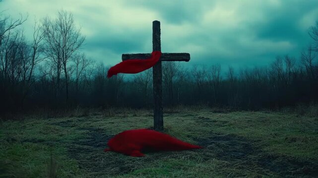 Dark wooden cross in gloomy forest with red cloth and overcast sky. Easter, Pascha, Paskha, Ostern, Pascua, Paques - Orthodox and Catholic Holiday celebration