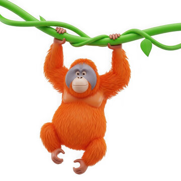 An orange monkey hanging from a green vine