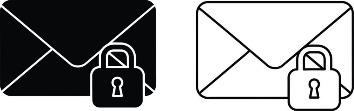 Secure email communication locked envelopes with pads isolated on transparent background, Vector