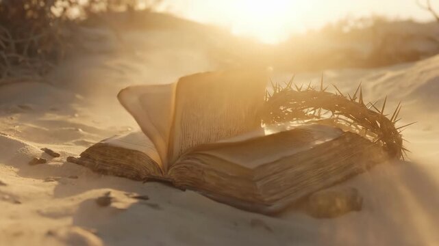 Sunlit open bible with crown of thorns on desert sand at sunrise. Easter, Pascha, Paskha, Ostern, Pascua, Paques - Orthodox and Catholic Holiday celebration