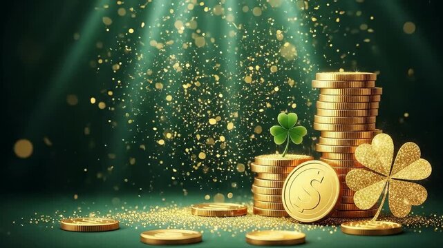 Golden coin stack and lucky shamrock on green background. St Patricks Day design with money for wealth, luck, business and finance concept.