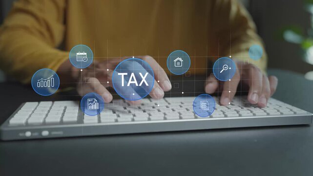 Tax management concept. Person typing keyboard with tax document and financial icons, tax calculation, accounting process and financial compliance.