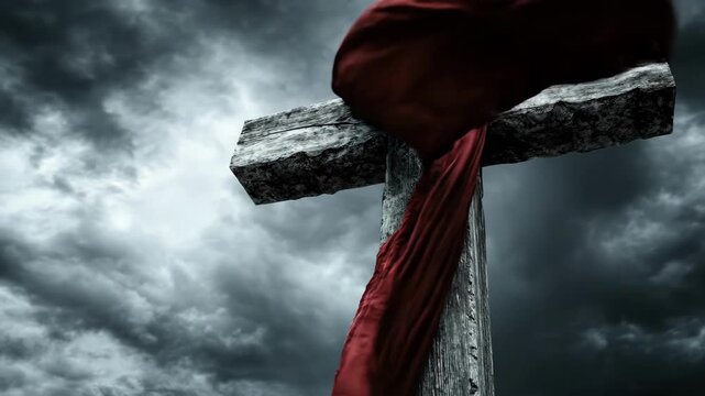 Weathered wooden cross with red cloth against dramatic stormy sky. Easter, Pascha, Paskha, Ostern, Pascua, Paques - Orthodox and Catholic Holiday celebration