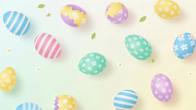 A colorful illustration of Easter eggs with various patterns on a pastel background