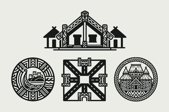 Traditional Indigenous Architecture and Tribal Culture Icons