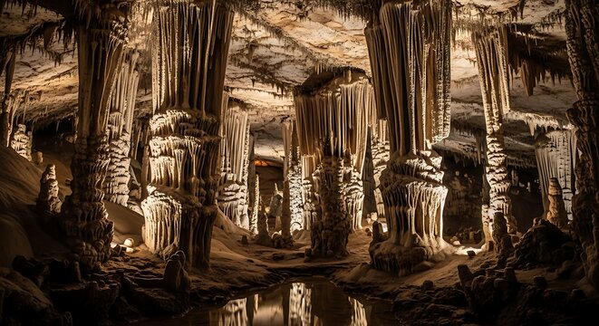 Forma&ccedil;&otilde;es deslumbrantes de cavernas calc&aacute;rias com estalactites e estalagmites imponentes