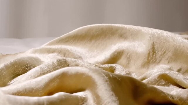 Soft, golden satin lies in gentle folds across a bed, catching warm light that slides over glossy ripples and matte shadows, as a slow camera glide reveals the smooth texture and quiet luxury.