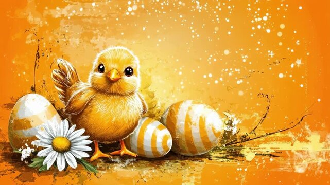 Cute chick with easter eggs and daisy on vibrant orange background
