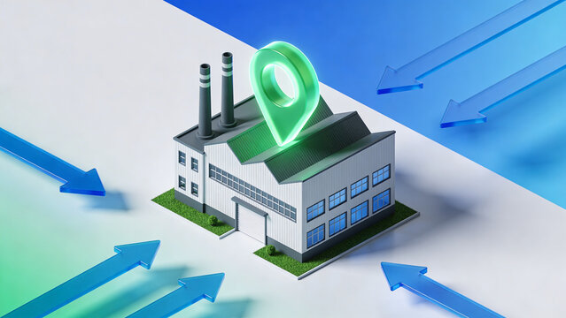 Modern local production and supply reshoring illustration with factory and location concept