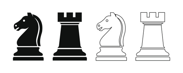 Chess pieces icon set with knight and rook silhouettes in solid and outline styles © Abir Creative Studio