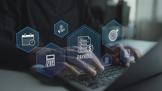 Digital payroll system concept. User using laptop with payroll and payment icons, employee salary management, financial records and HR administration.