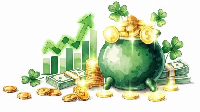 Pot of gold, money, and shamrocks with business growth chart. Financial gain and lucky investment concept for St. Patricks Day.