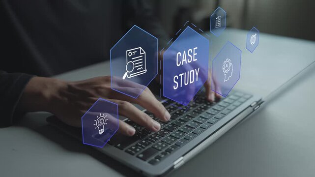 Case study analysis concept. Person using laptop with research and data analysis icons, business study, problem solving and strategic insights.