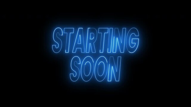 Starting soon text animation in a neon blue light. 4k animated typography Suitable for promotional materials or event announcements.