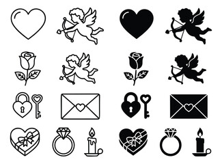 Naklejka premium Outline and silhouette icon set of 16 romantic love symbols featuring hearts, cupid and roses for valentine design