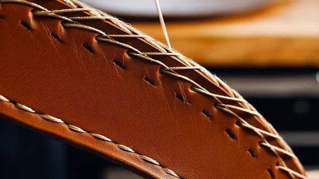 Close-up of a tan leather strap being hand-stitched with waxed thread, neat saddle stitches curving along the edge while a blurred wooden workbench and tools fade into the background.