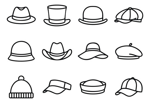 Outline icon set of featuring classic hat styles including fedora, top hat and cowboy for fashion design