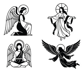 Naklejka premium Silhouette icon set of 4 religious angel figures featuring prayer, wings and halos for spiritual design