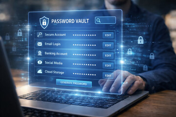 Password manager vault interface on laptop with encrypted login credentials and cybersecurity protection concept for secure digital identity and online accounts