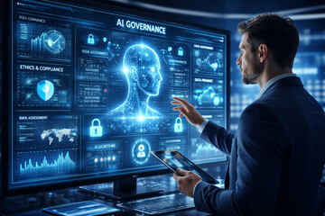 Business professional analyzing artificial intelligence governance dashboard with risk assessment ethics compliance and algorithm monitoring interface