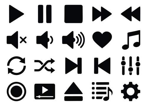 Flat icon set of 20 media player controls featuring playback, audio and settings symbols for user interface design