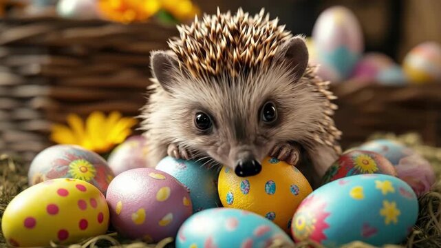 Adorable hedgehog among vibrant easter eggs and flowers. Easter, Pascha, Paskha, Ostern, Pascua, Paques - Orthodox and Catholic Holiday celebration