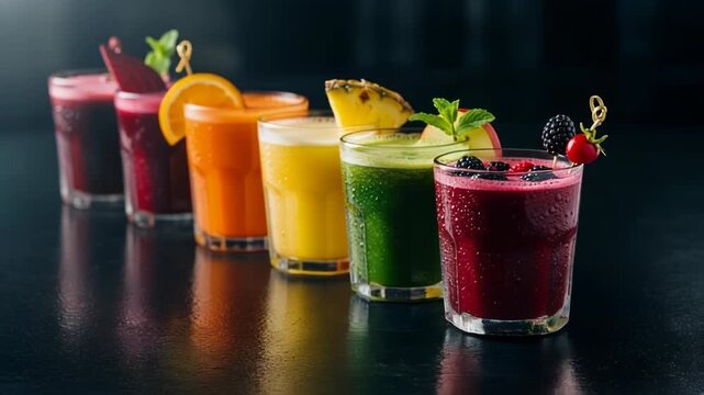 A row of six colorful smoothies with various fruits on a dark surface