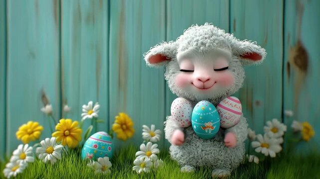 Cute lamb holding colorful easter eggs in a spring meadow with flowers. Easter, Pascha, Paskha, Ostern, Pascua, Paques - Orthodox and Catholic Holiday celebration