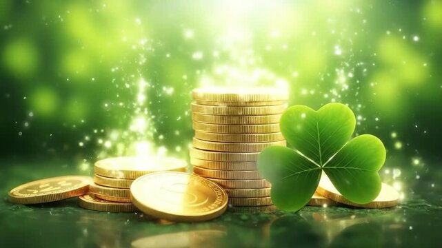 Clover leaf with gold coin stack on green bokeh background. St. Patricks Day celebration and luck concept with copy space.