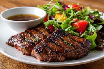 Grilled Steak with Fresh Garden Salad and Dipping Sauce.