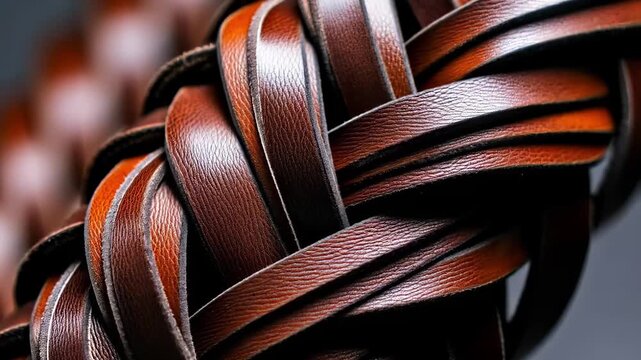 A tight macro of interwoven brown leather straps shows a glossy, polished finish and rich grain, the braided pattern curving in and out of soft focus against a dark, neutral background.