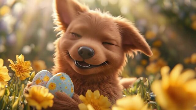 Joyful puppy with floral easter eggs in sunlit meadow. Easter, Pascha, Paskha, Ostern, Pascua, Paques - Orthodox and Catholic Holiday celebration