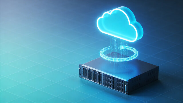 Modern cloud computing platform illustration with glowing data flow concept