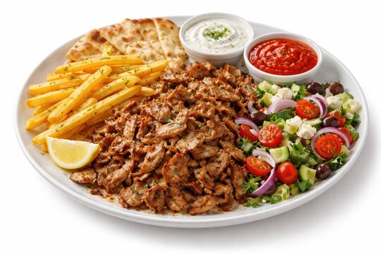 Gyrosplatte mit Pommes und Salat freistehend auf weiss
Griechische Gyrosplatte mit Pommes, Tzatziki, Fladenbrot und Bauernsalat freistehend auf weiss.