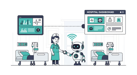 A nurse interacts with a robot in a hospital room, with digital dashboards displaying patient data and hospital management information. © rifta