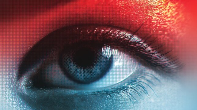 This close-up visual shows an abstract eye silhouette with a digital pixel overlay set on a clean gradient background, providing space for design.